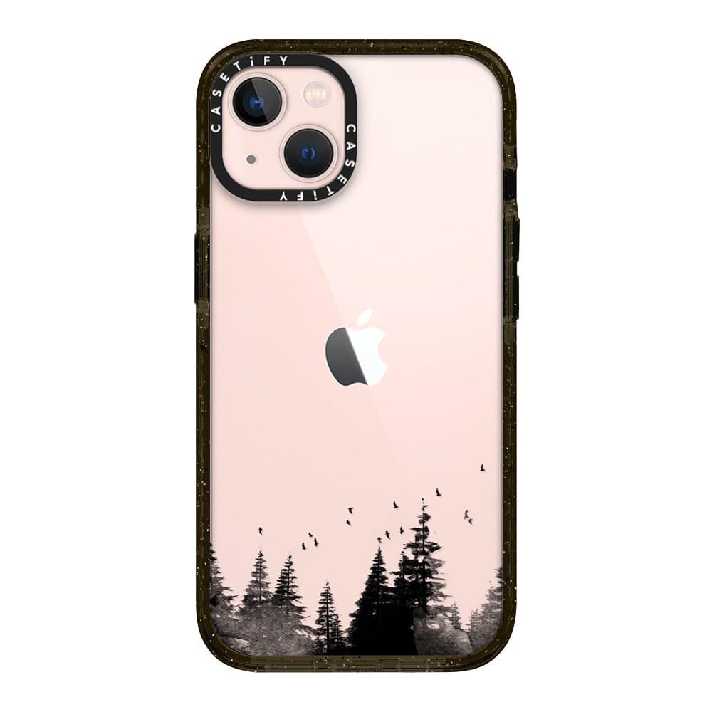CASETiFY Impact Case for iPhone 13 [Slim / 8.2 ft. 4X Military Grade Drop Protection/Wireless Charging Compatible] - Minimal Forest Clear Case - Clear Black Image