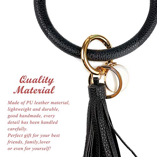 Leather Bracelet Key Ring Bangle Keyring, Tassel Ring Circle Key Ring Keychain Wristlet for Women Girls - Free Your Hands (Black)