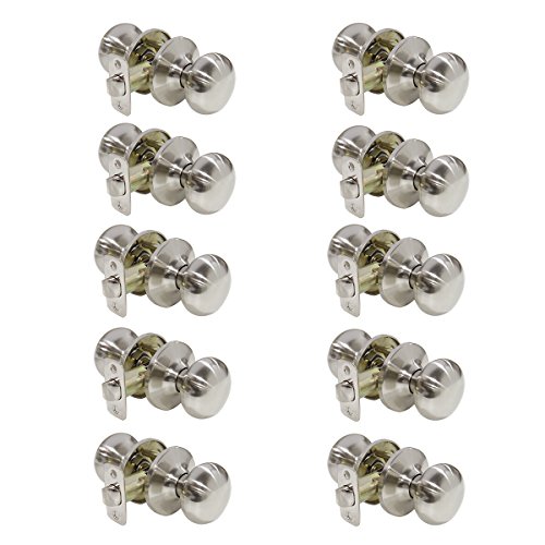 ProbricoClassic Flat Ball Style Passage Door Knobs Brushed Nickel Interior Door for Hallway and Closet Handle Lock Without Keys 10 Pack