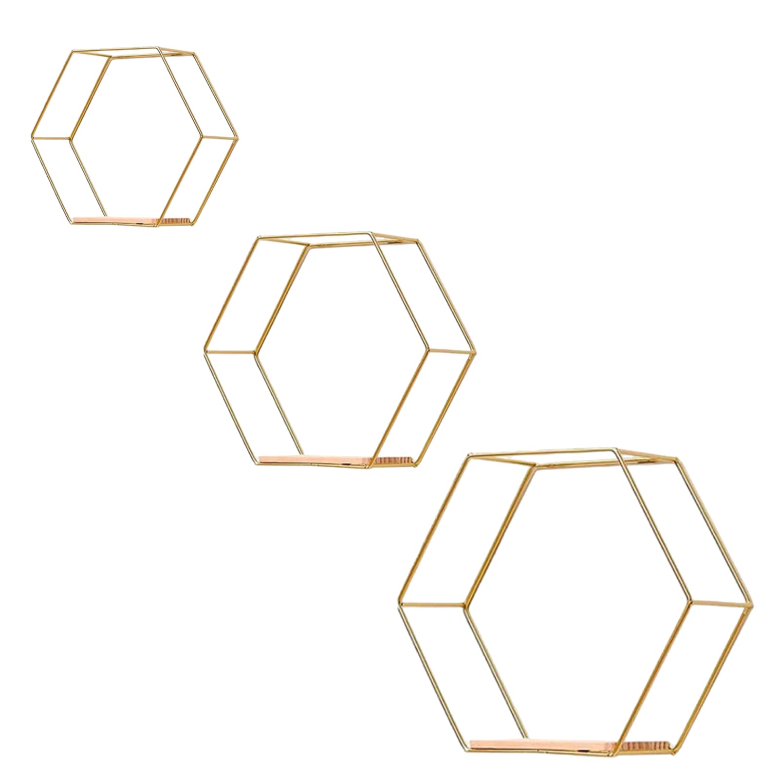 Photo 1 of *MINOR DAMAGE - USED*
Gold Floating Wall Shelves Set of 3,Metal Hexagon Shelving Geometric Wall Mounted Design for Living Room, Bedroom, Kitchen & Office Decor, Easy Install Modern Display Shelves with Golden Finish