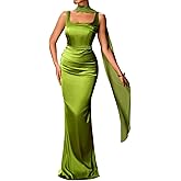 Kaei&Shi Satin Corset Dress with Scarf,Square Neck Ruched Formal Wedding Guest Dresses,Womens Elegant Long Evening Gown
