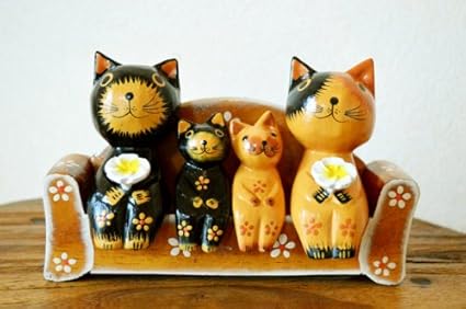 Amazon アジアン雑貨 バリ雑貨 ネコファミリーソファーセット 置物 オブジェ オーナメント ネコ 木製 Yayapapus ヤヤパプス 置物 オブジェ