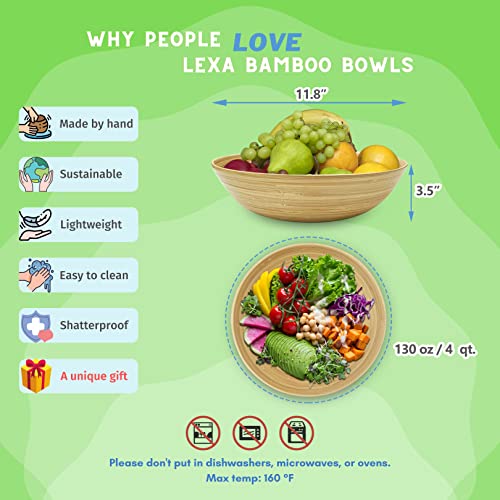 LEXA Bamboo Extra Large Serving Bowl 12" Handcrafted Bamboo Salad Bowls Large Popcorn Bowl