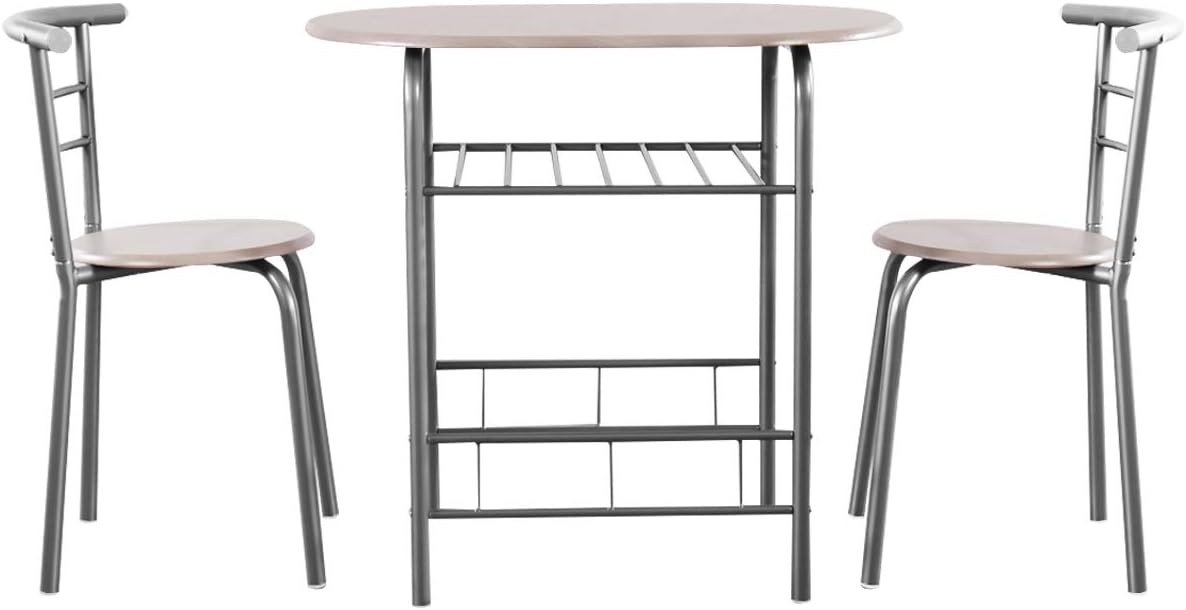 Giantex 3 Piece Dining Set Compact 2 Chairs and Table Set with Metal Frame and Shelf Storage Bistro Pub Breakfast Space Saving for Apartment and Kitchen (Beech) - Table & Chair Sets