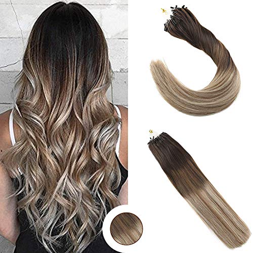 Ugeat 20Inch 50 Strands Micro Ring Beads Hair Extensions Dip Dyed Color Dark Brown Ombre Medium Brown Mix Bleach Blonde Hair Extensions Human Hair Invisible Hair Extensions