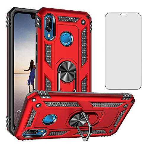 Phone Case for Huawei P20 Lite with Tempered Glass Screen Protector Cover Stand Ring Rugged Silicone Holder Hard Shockproof Heavy Duty Accessories huewai P20lite P 20 Hawaii Hwauei Nova 3E Red