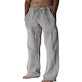 Puimentiua Cotton Linen Pants Men Casual Loose Fit Elastic Drawstring Waist Summer Beach Pants