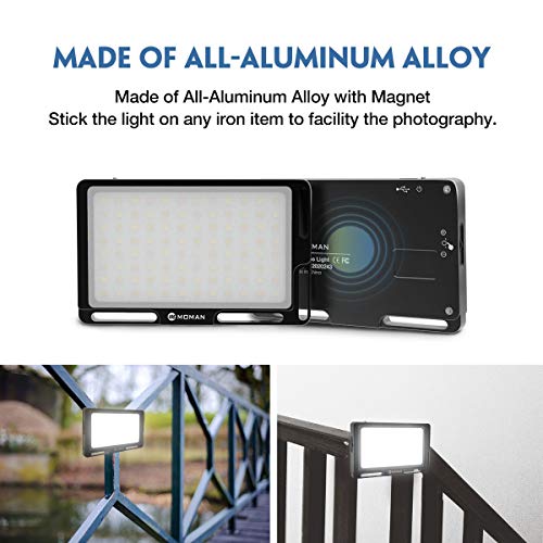 Moman On-Camera LED Video Light Panel 4.5 Inch, CRI96+ Metal-Attachable Mini Film Lighting Kit with OLED Display, Bi-Color 3500K-5700K Dimmable, for Portrait Photography, Aluminum (Black)