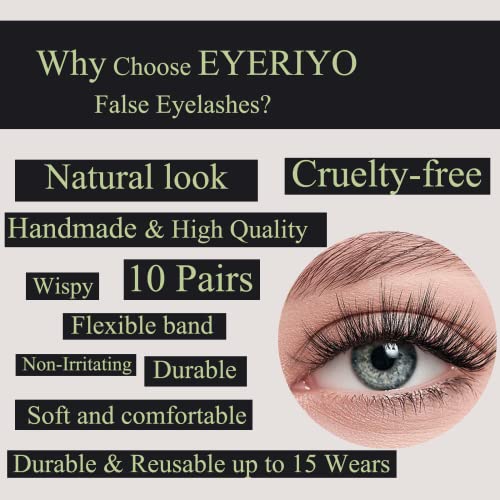 EYERIYO False Natural Faux Mink Eyelashes, 10 Pairs Soft Reusable Light Volume Eyelashes Fluffy Wispy Extensions Lashes Pack