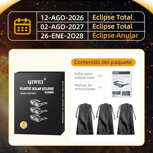 Gafas Eclipse Solar Homologadas ISO 12312-2 Montura Plástico Pack 3