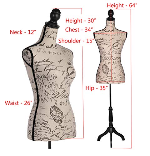 Female Dress Form Mannequin Adjustable Height Black Tripod Stand Woman Body Torso Dress Jewelry Display - Beige Printing - Thumbnail 6