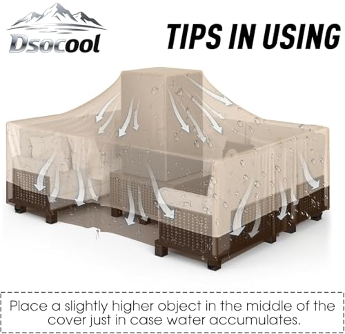 Dsocool 600D Patio Furniture Covers, 100% Waterproof Patio Table Cover, Heavy Duty Oxford Cloth Outdoor Table Cover, with Handles, Vents and Buckles, UV-Resistant (350×260×90cm)