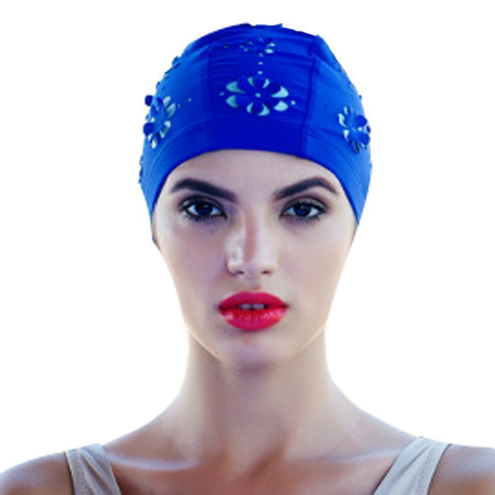 Medifier Hollow out Flowers Swim Bathing Cap for Short and Long Hair Swimming Hat (Blue)