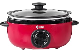 ICOOK USC-35-OP001RD 3.5 Quart Slow Cooker,Aluminium Sear/Sauté Stew Pot Stovetop safe,Dishwasher Safe,Glass Lid,Adjustable Temp,Food Warmer,Red