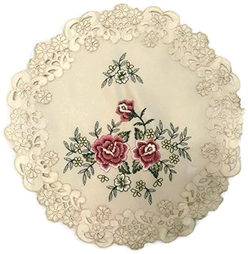 Doily Boutique Round Doily with a Burgundy Rose Flower on Ivory Fabric, Size 7 inches