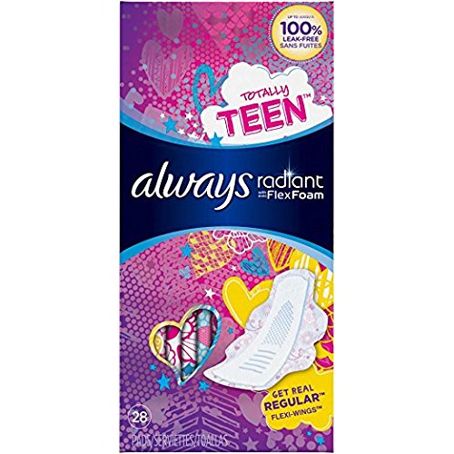 Always Radiant Totally Teen Pads With FlexFoam Flexi-Wings Flexible Wings, 28 Count, 2 Pack. (Includes 56 Pads Total.) Lasts Up To 8 Hours. Absorbs 10X Its Weight. Individually Wrapped Pads.