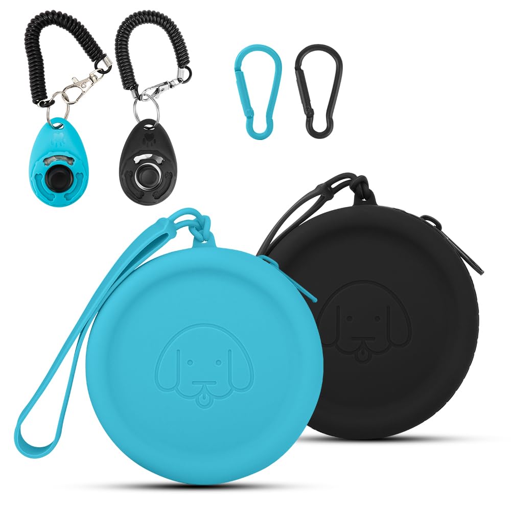 Silicone Dog Treat Pouch Small Bag,with Pet Training Clicker,Walking Bag for Dog and Cat, Pocket Size,Easy to Clean,Odorless,Zipper Design,Moisture-proof,Travel Walking Bag (lake blue&black)
