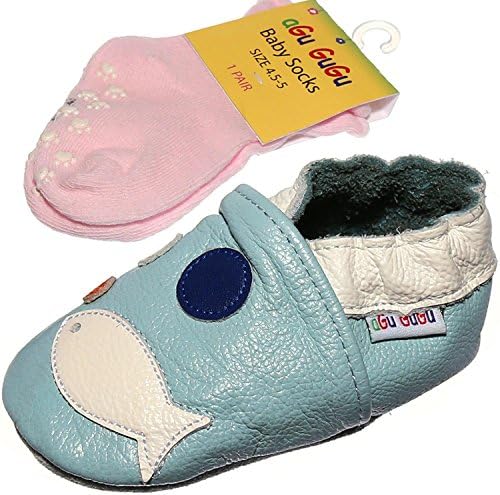 Fish Baby Soft Sole Real Leather Shoes with Matching Socks (12-18 Months, Light Blue)