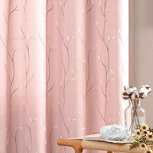Topick Pink Semi Sheer Curtains Set for Living Room Leaf Embroidered