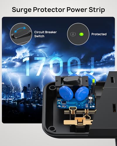 Multicontacto Regleta Extension Electrica para Clip de Mesa, 20W y USB C con 3M Enchufe Plano Extension, 6 Salidas CA y 1700J Protector de Sobretensión 4 Puerto USB Total Estación de Carga Rápida