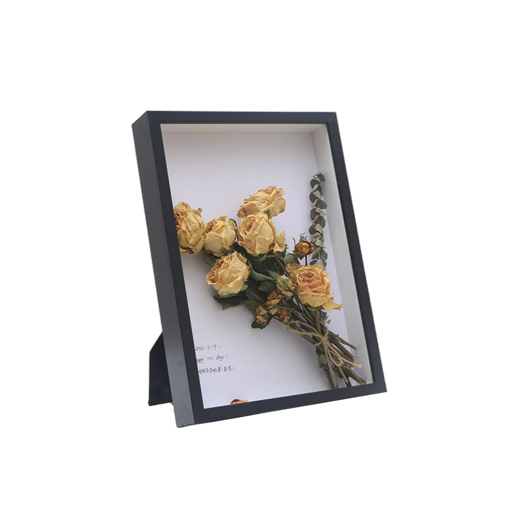 Shadow Box Display Case,1.2" Deep Wooden Picture Frame for Dried Flowers,Display Pictures 4x6 with Mat or 5x7 Without Mat for Memorabilia Photos Bottle Caps Medals(Black-5X7)
