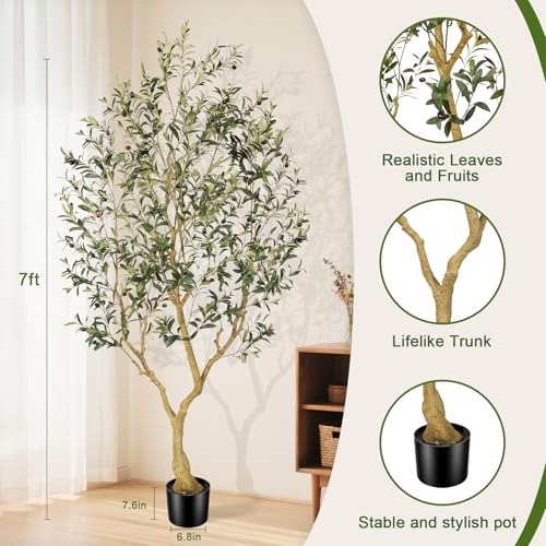PHYTREE 7ft Artificial Olive Tree, Artificial Plants, Large Faux Olive Tree with Realistic Leaves and Olives - Full and Grand Design Fake Olive Tree with Sturdy Base for Indoor Outdoor Office Decor
