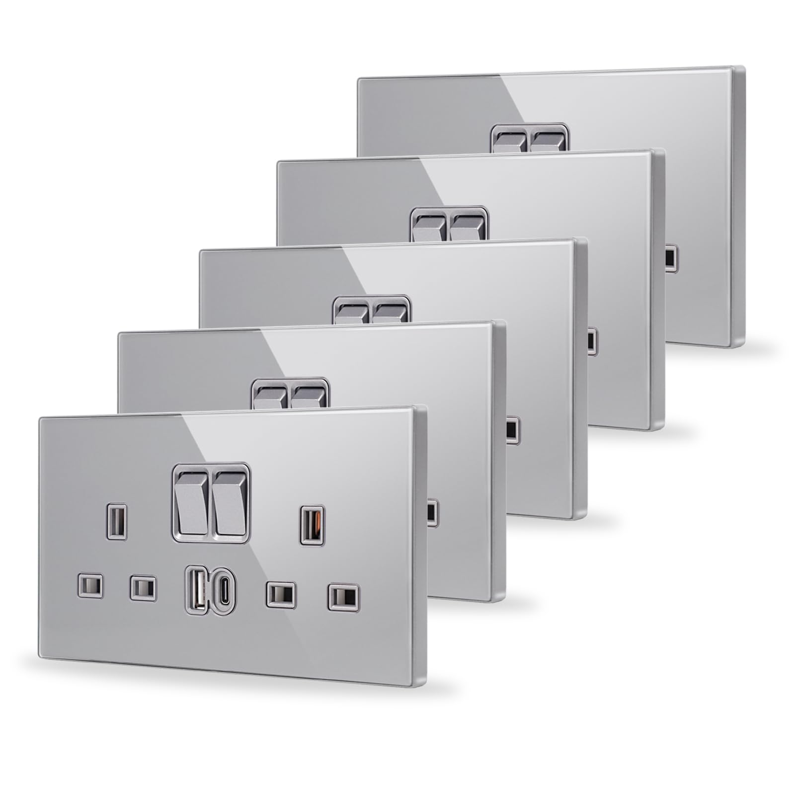JIMEIDA 5 Pack Double Switched Socket Grey 20W Fast Charging 13 Amp with USB A and Type C Charging Ports Crystal Glass Panel Wall Outlet