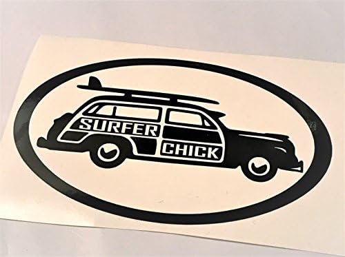 Classic Surf Woody: Surfer Chick, Beach Coast Living Black Vinyl Decal 6x4.5 inch