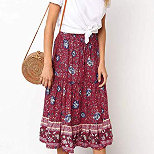 VICCKI Women's Bohemian Floral Printed Elastic Waist A Line Long Maxi Skirt Red