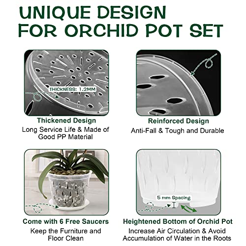 Kitypartsy Orchid Pot, 5 Inch 6 Pack Orchid Pots with Holes and Saucers