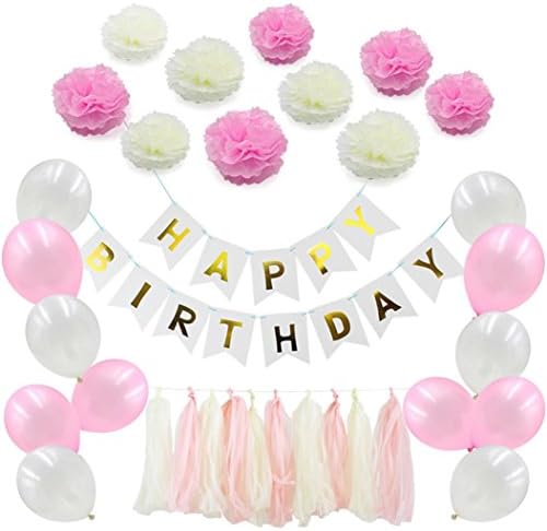 Morrivoe Baby Party Bunting Hanging Decoration Happy Birthday Banner Set DIY Paper Tassel Flower Balloon Pompom Baby Shower Party (Pink)