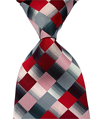 DEITP Men's Classic Checks Red Grey Jacquard Woven Silk Tie Formal Party Suit Necktie