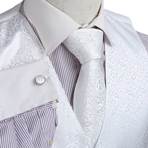 White Paisley Formal Vest for Men Patterned for Mens Gift Idea with Neck Tie, Cufflinks, Handkerchief, Bow Tie for Suit Vs1004-L Large White