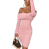 GOKATOSAU Women's Sexy Elegant Ruffle Long Sleeve Off Shoulder Ruched Party Mini Dress