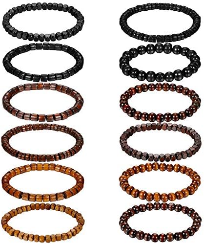12PCS Wooden Beaded Bracelet Set for Men Women Elastic 8MM Beads Adjustable