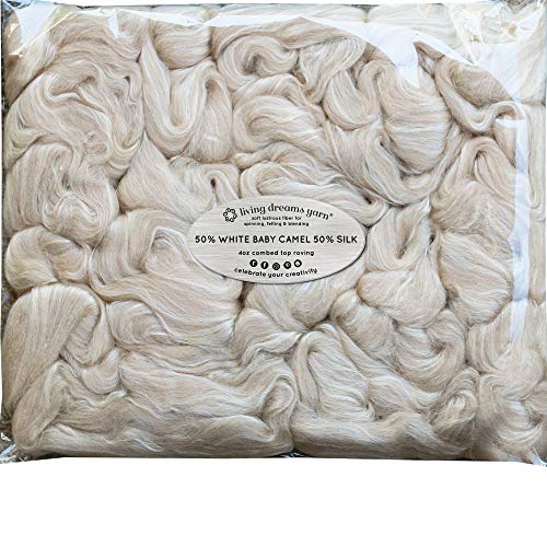 White Baby Camel & TUSSAH Silk Fiber Blend. Luxuriously Soft Combed Top Wool Roving for Blending, Dyeing, Spinning & Felting
