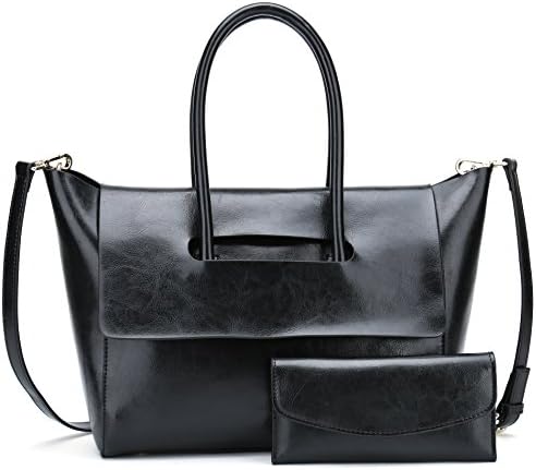 Women's Handbag Real Leather Tote Shoulder Bags and Wallet 2 Piece Set with Shoulder Strap (Black)