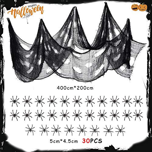 VGOODALL Halloween Spinnennetz Deko Set, Schwarz Spitze Spinnweben Dekoration mit 30 Spinnen für Karneval Halloween Kamin Fenster Tisch Tür Dekostoff