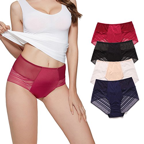 QincLing Womens Sexy Lace Briefs High Waist Seamless Underwear Mesh Breathable Panties(4 Pack)