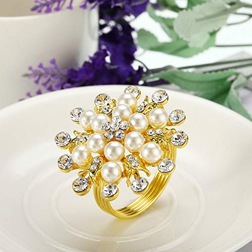 Joyindecor Napkin Rings Set of 6-Flower Pearl Rhinestone Napkin Ring Holder for Wedding Party Home Kitchen Dining Table Linen Accessories (Golden)