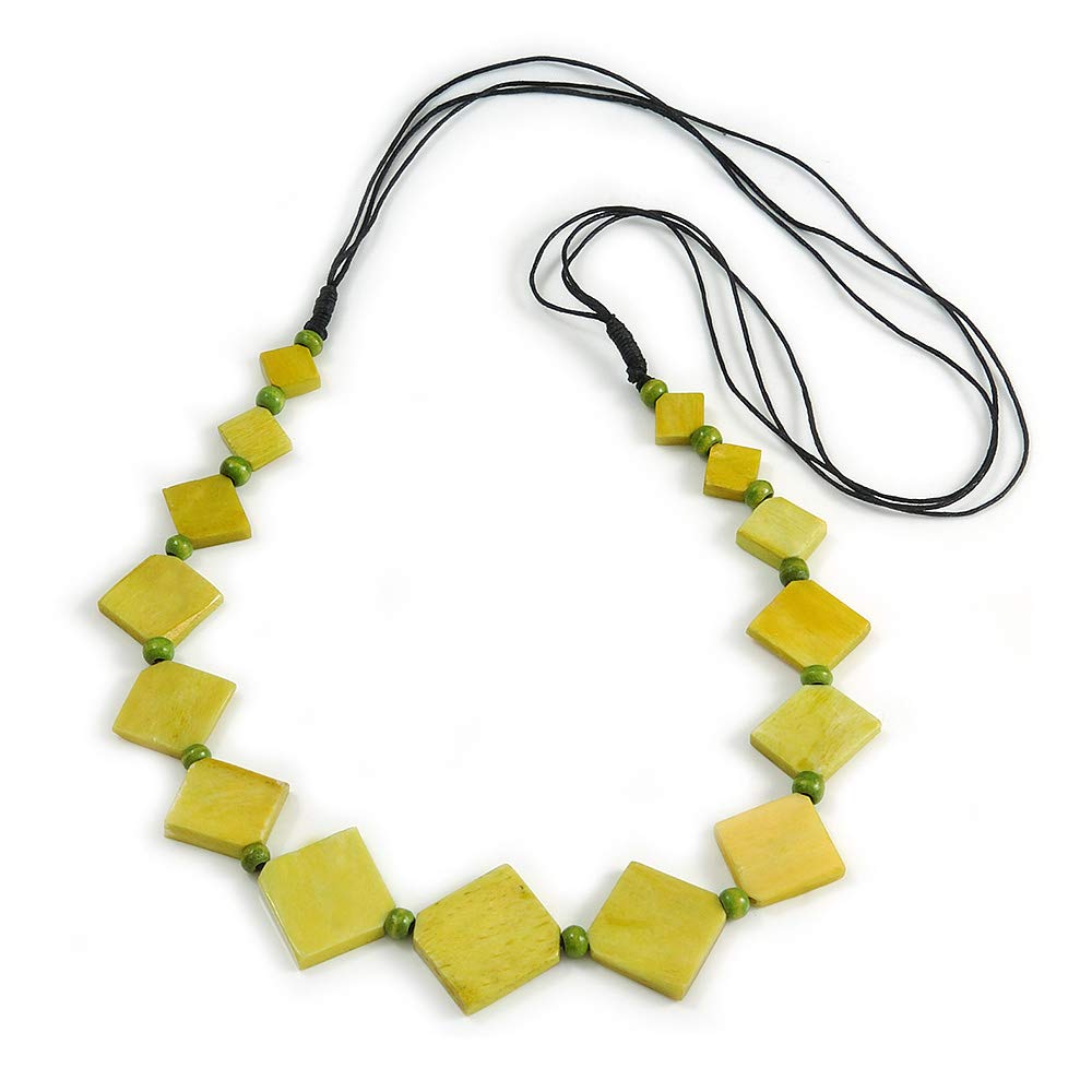 Avalaya Long Lime Green Bone Square Bead Black Cotton Cord Necklace - 82cm L