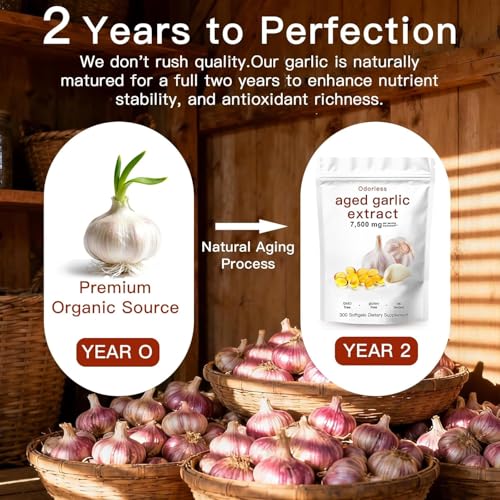Aged Garlic Extract Capsules 7500mg Odorless – 300 Count Aged Garlic Supplement for Immune Support，Organic, Non-GMO, Vegetarian Softgels(1 PCS)