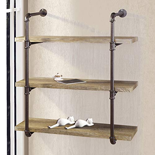 YU YUSING 3 Tier Industrial Pipe Shelf with wood & Metal, Rustic Hanging Wall Shelves for Bedrooms, Bathroom Shelving, Kitchens Coffee Shops or Bar Storage