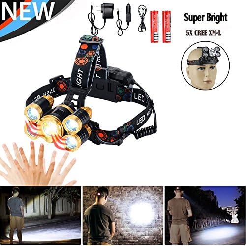 Led Hat Headlamps,High Lumens brightest Waterproof,Motion Sensor Zoomable headlamp Flashlight,and 5T6 Adjustable,Brightest Torch for running,camping,Cycling,charger,90º Moving,18650 Batteries Included