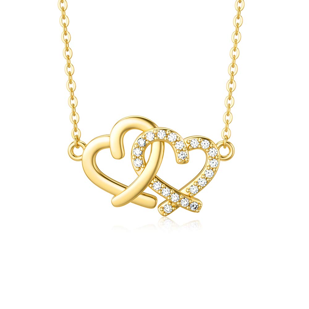 SISGEM 9 ct Gold Heart Necklace, Solid Yellow Gold Double Open Heart Pendant Necklace, Cubic Zirconia Pendant, for Women Girls Ladies Mum Sisters, 16"+1"+1"