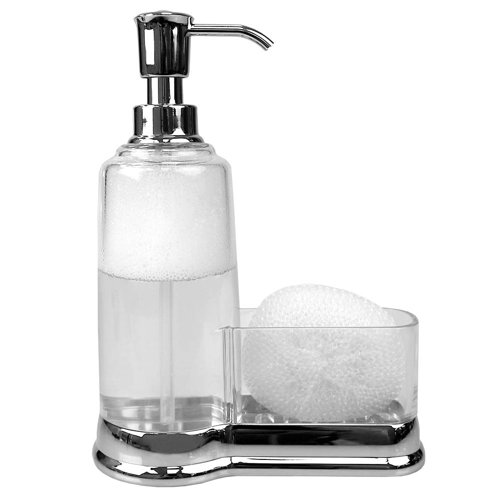 Home Basics Plastic Soap Dispenser with Sponge Compartment, Chrome
