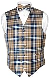 Men's Plaid Design Dress Vest & BOWTie Navy Brown White BOW Tie Set Large