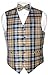 Men's Plaid Design Dress Vest & BOWTie Navy Brown White BOW Tie Set Large