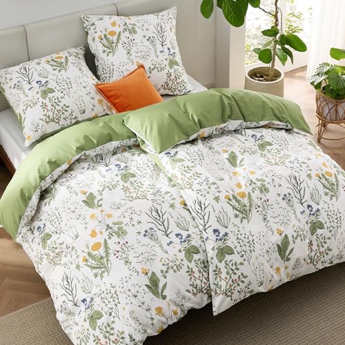 BEDSURE Bettwäsche 135x200 Baumwolle 4teilig - Salbeigrün Blumen