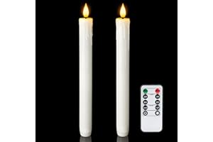 Homemory Real Wax Flameless Taper Candles with Remote Timer, 9.6 Inches White LED Flameless Candlesticks, Dripless Battery Operated Window Candles Flickering Pack of 2 for Fireplace Xmas Halloween